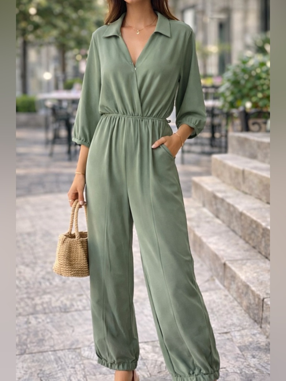Fraiche By J Women’s Sage Green Wide Leg Jumpsuit Small Elastic Waist USA
